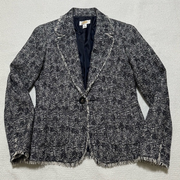 Talbots Women Size 4 Navy Blue White Boucle Tweed Fringe One Button Blazer - Picture 14 of 15
